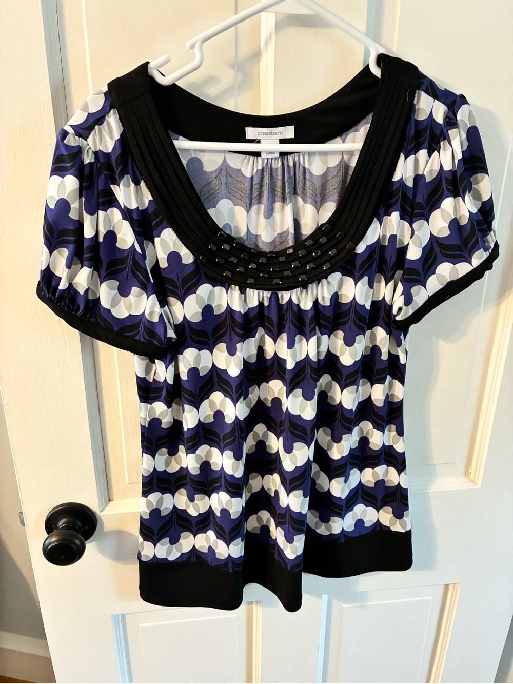 dressbarn Navy, Purple & White Geometric Scoop Neck Tunic